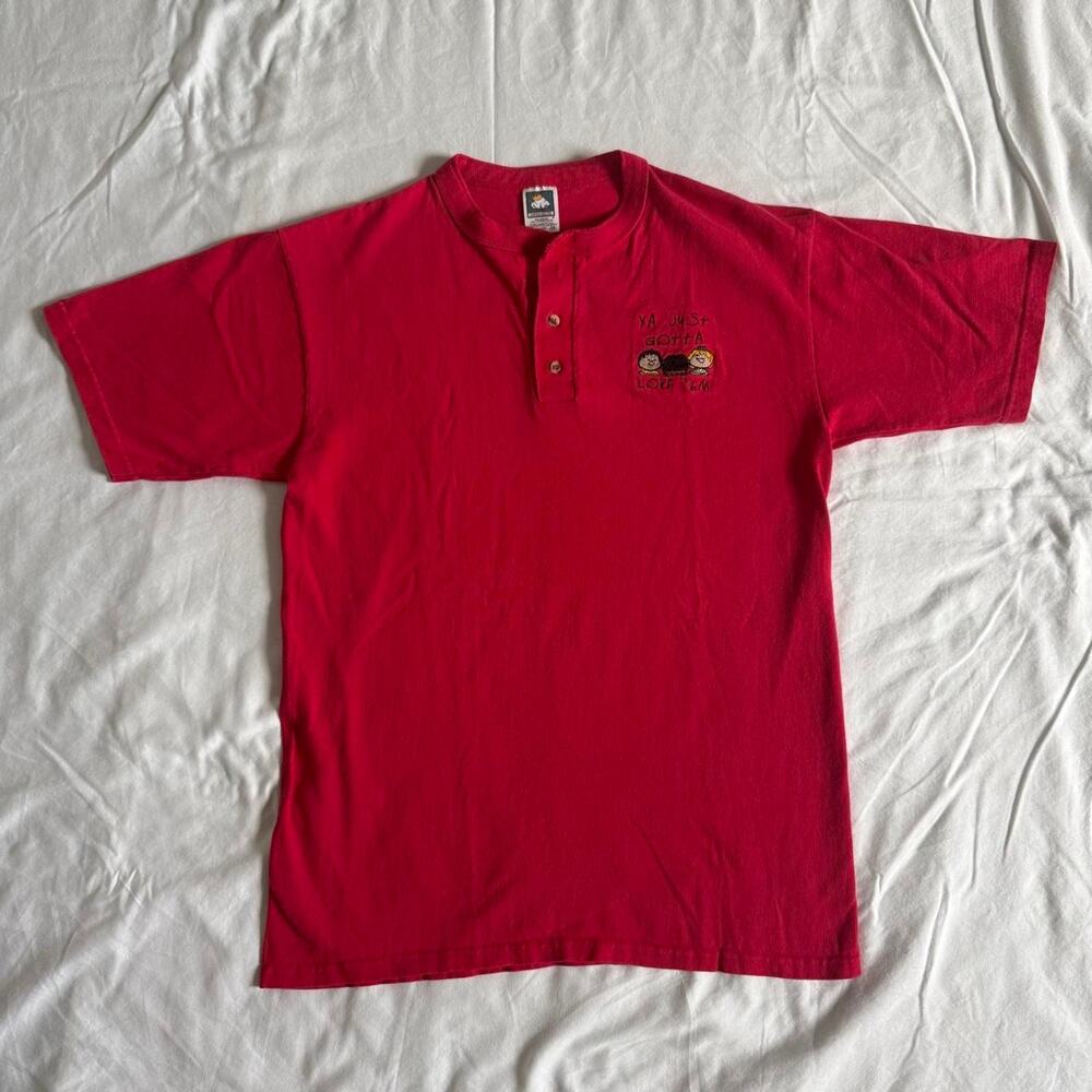 Vintage 90s Cotton Deluxe Embroidered Henley Shirt Red Medium USA Made